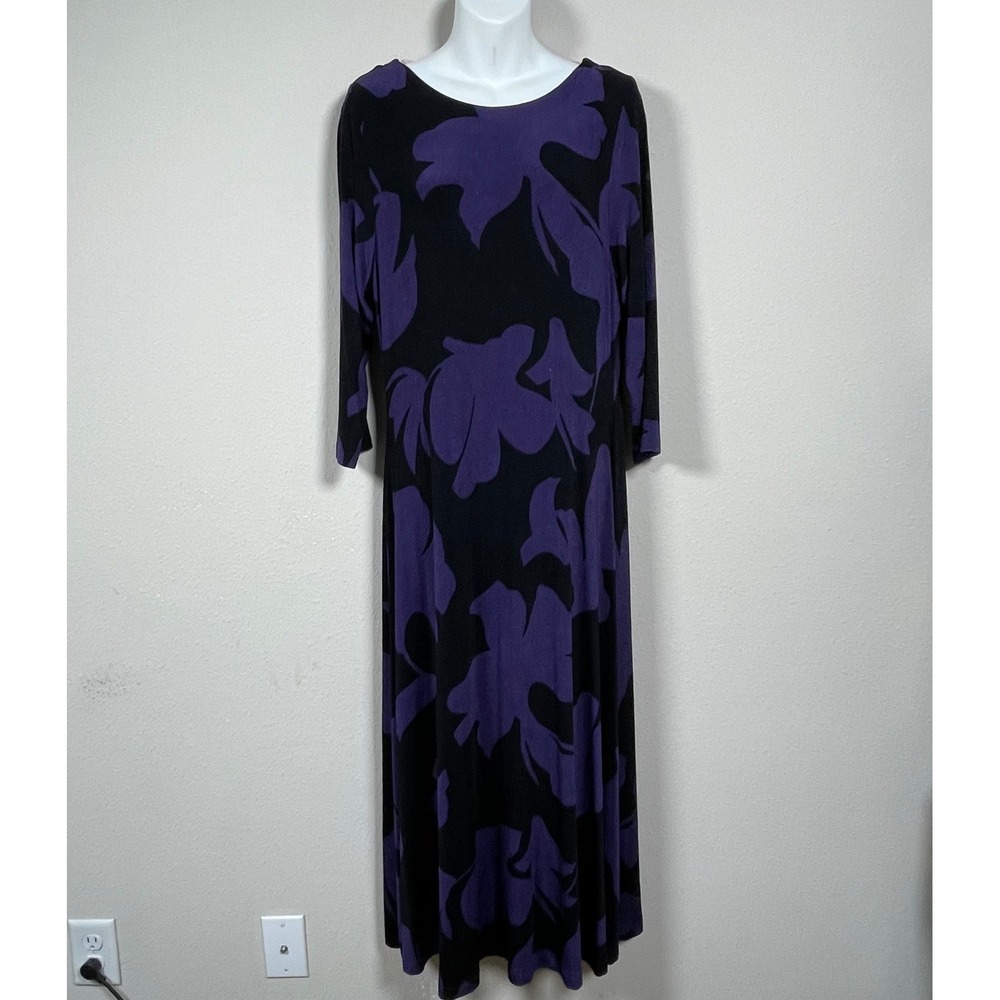 Chico's Maxi Dress Womens 2 L Purple Black Excellent Floral 3/4 Sleeve V-Back